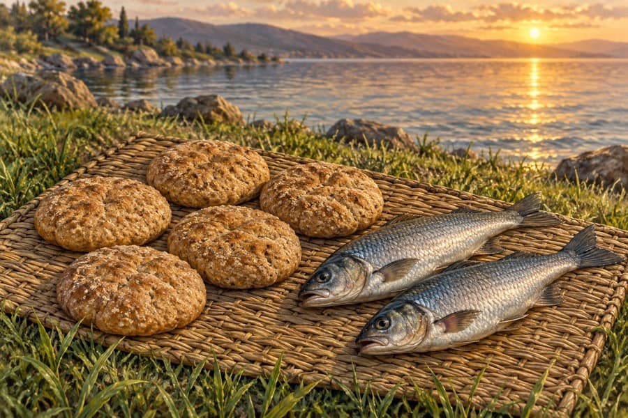 Five loaves and two fish by the sea