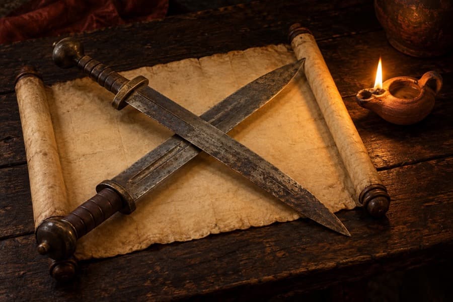 Two old swords crossed on an open scroll by lamplight