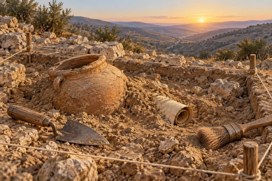 A clay jar and a scroll uncovered at a dig in the hills